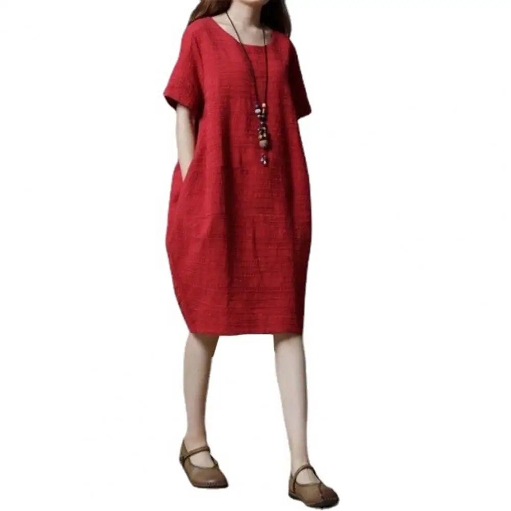 

Women Solid Color A-line Dress Stylish O Neck Knee Length Summer Dress with Side Pockets Casual Comfy Midi Dress for Women Loose