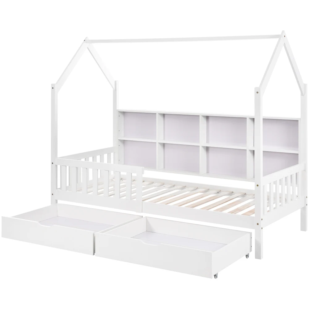 90x200cm modernes Kinder-Etagenbett, mit Mehrzweck-Bücherregal, Kinderbett mit Ablagefach und zwei großen Schubladen – Detail 7