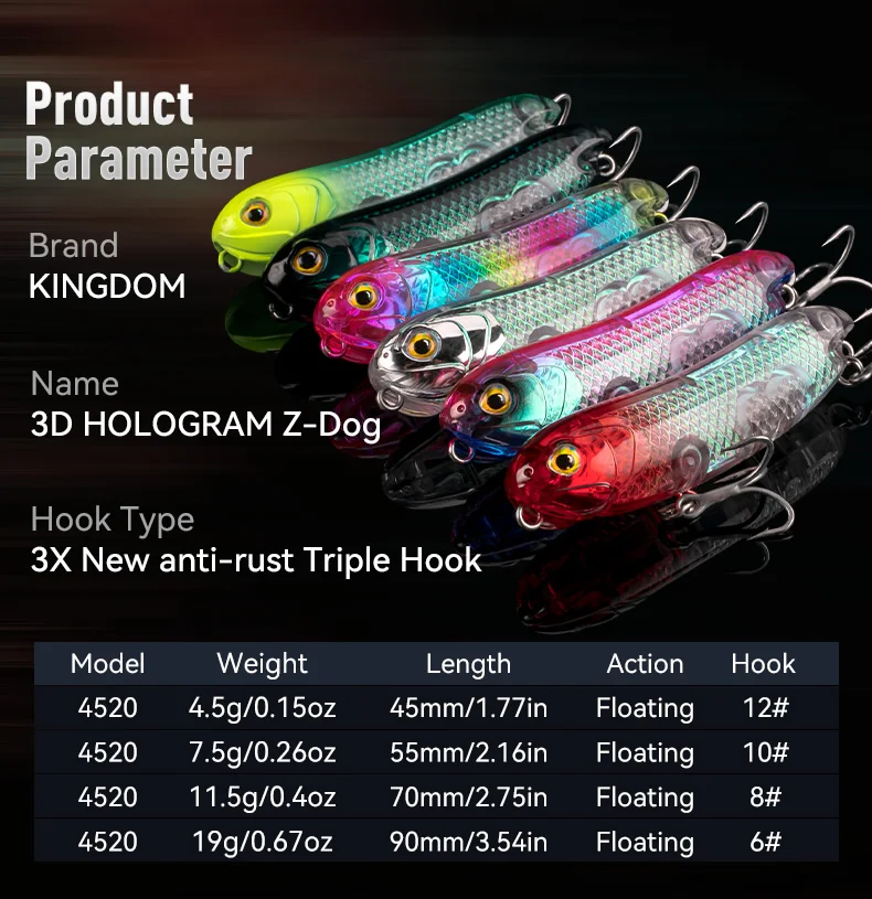 Kingdom 3D Hologramm Z-Dog Topwater Angelköder 4,5g 7,5g 11,5g 19g Künstlicher Schwimmender Pencil Minnow Harter Köder Oberflächenköder – Detail 8