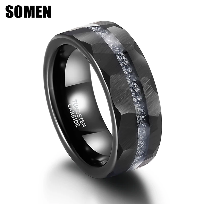 Somen 8mm Black Tungsten Carbide Rings For Men Aluminum Slag Inlay Hammer Pattern Groove Hammered Wedding Band Comfort Fit