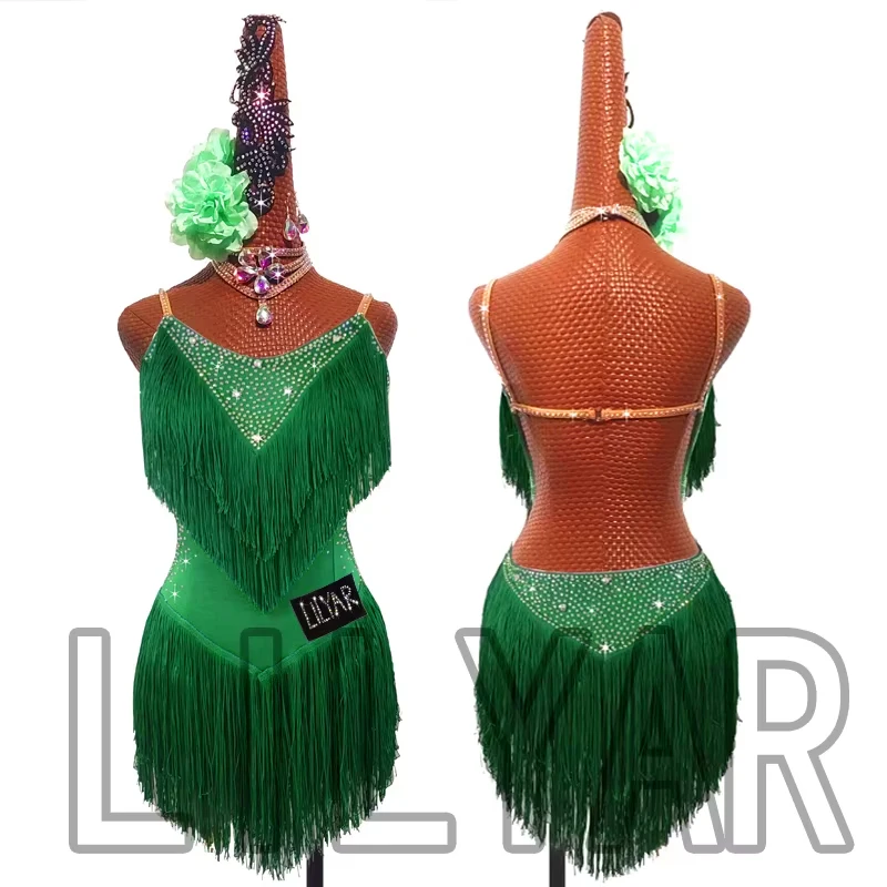 Latin Dance Dress Competition Costumes Skirt Performing Rhinestones Adult...