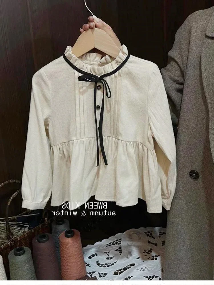 Girls' White Shirt Casual British Top Long Sleeve Lace Neck Shirt Baby Girl Autumn Children's Versatile Solid Color Top
