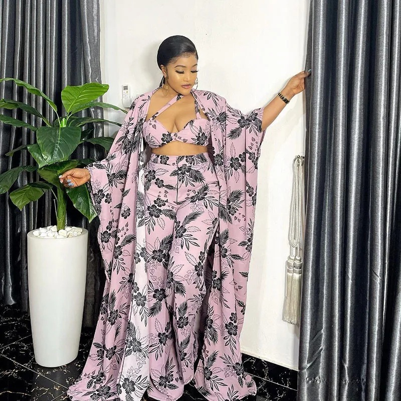 

4 Piece Set African Dresses For Women Dashiki Fashion Long Top + Bra + Scarf + Wide Pant Suit Casual Beach Style African Outfits