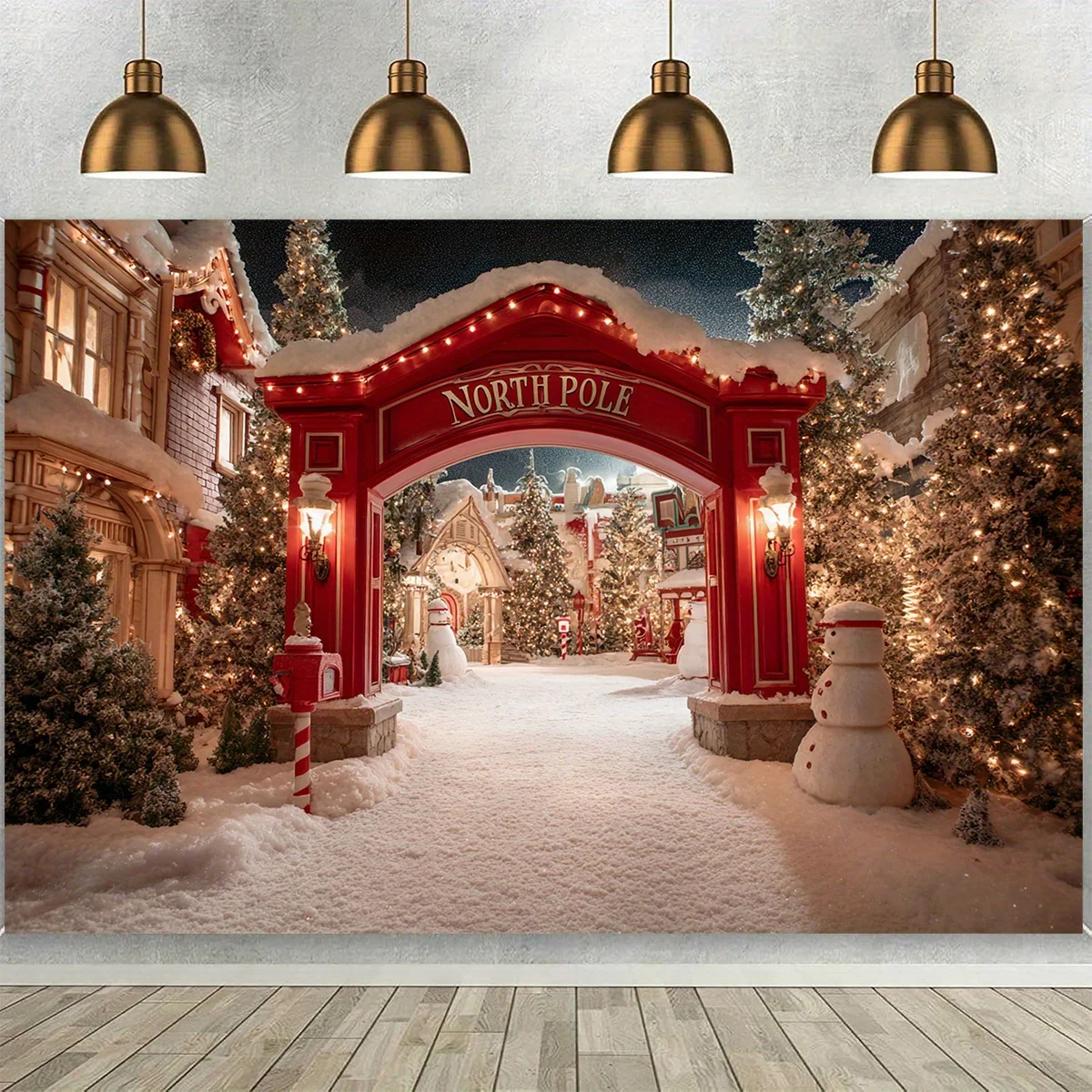 2D flach 1 Stück Arctic Snow Village Winterszene Polyester-Hintergrundstoff, geeignet für Weihnachten, Neujahr und Partydekoration – Detail 7