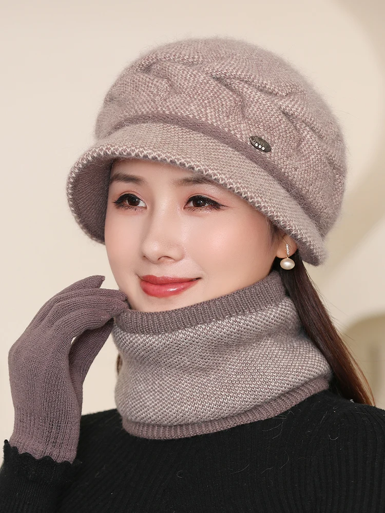 

Women's knitted hat winter rabbit hair cold neck bib set middle-aged and elderly woolen hat grandma mom fashion pot hat