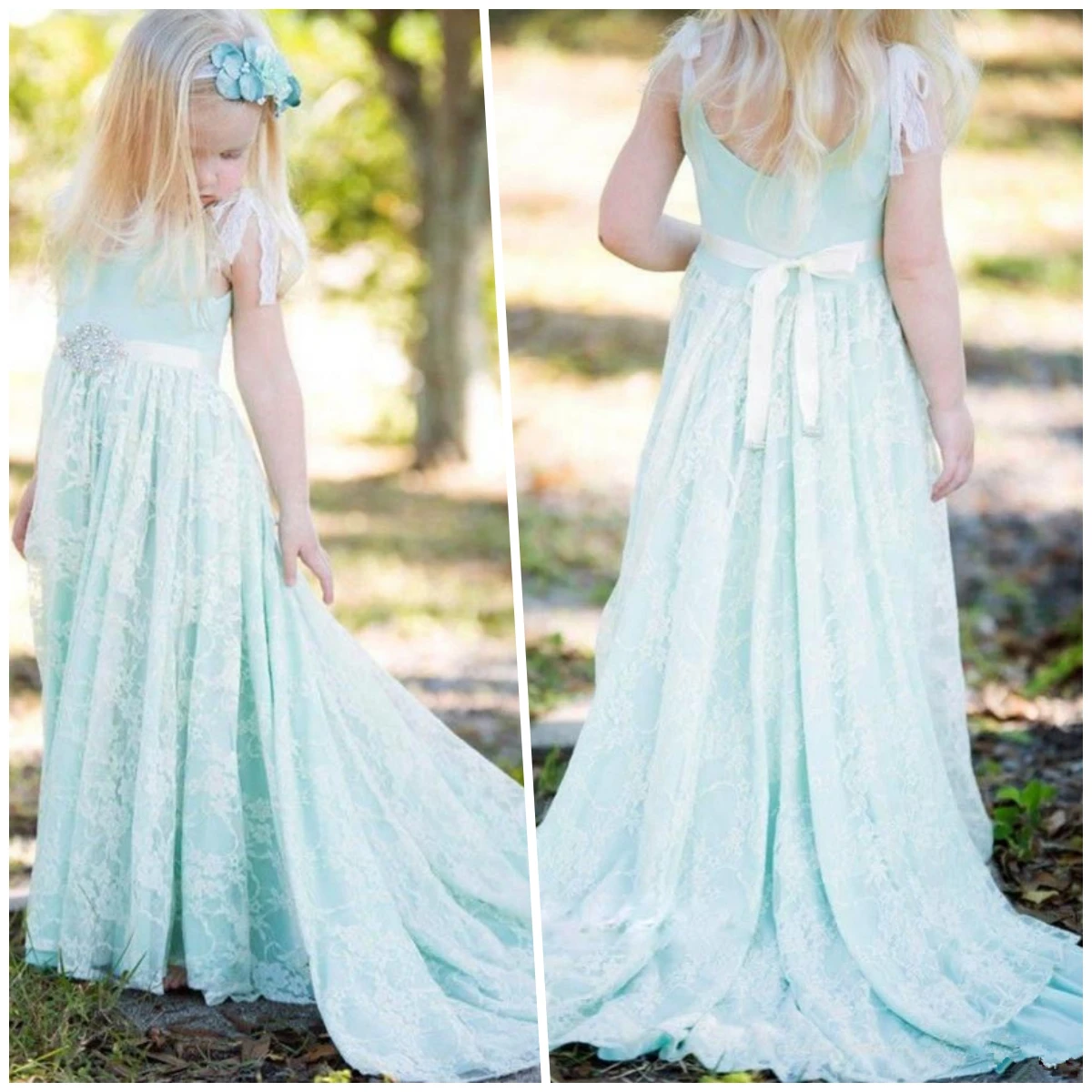 

Vintage Boho A Line Mint Green Flower Girl Dress For Beach Wedding High Quality Soft Lace Girls Birthday Party