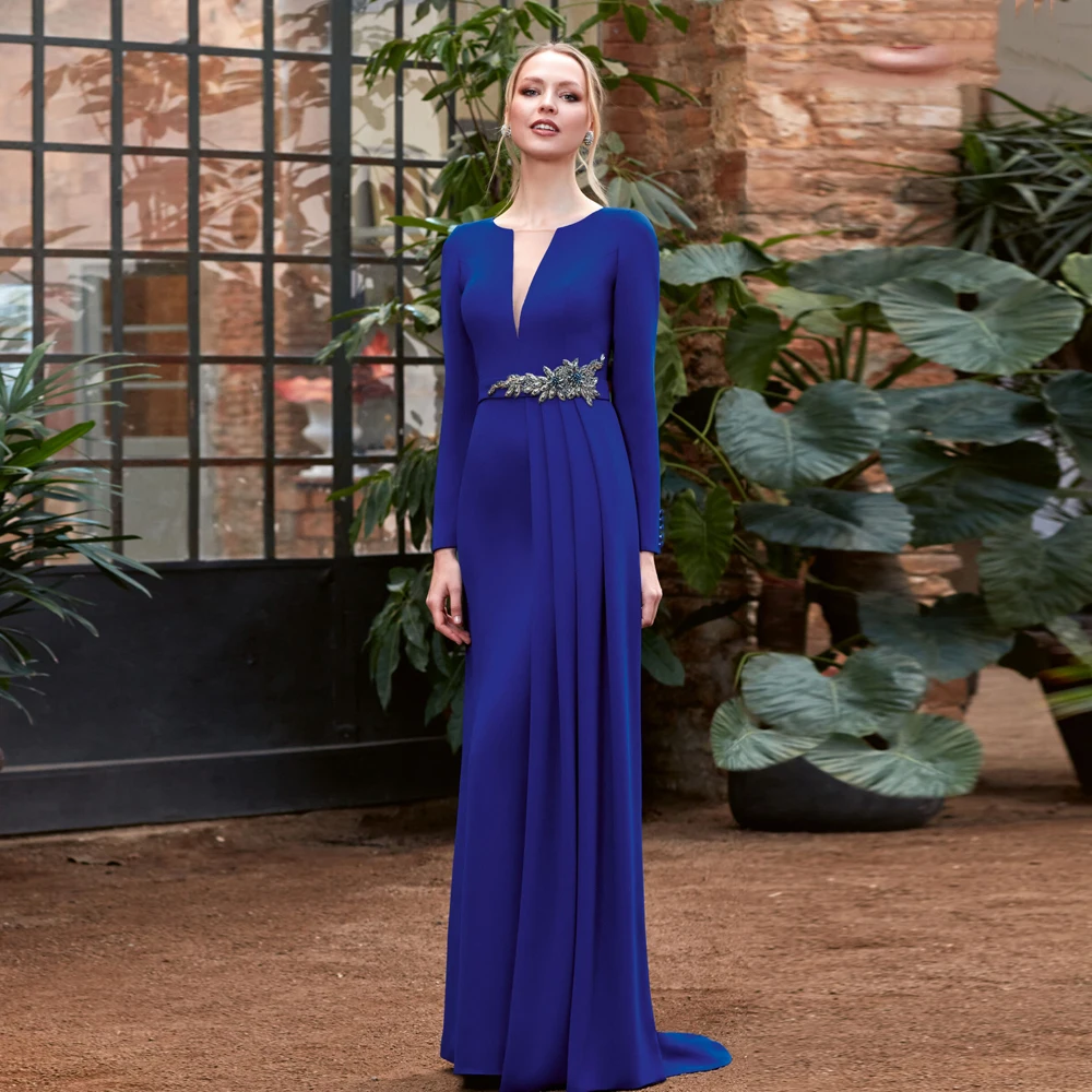 

Royal Blue Mother of the Bride Dresses O Neck Long Sleeves Wedding Party Gowns Applique Ruched Floor-Length 2024 فساتين السهرة