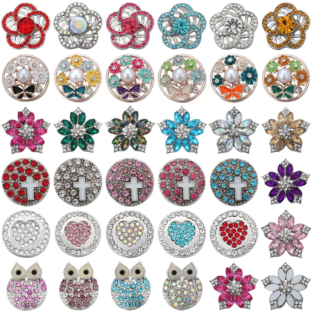 5 Pz/Lotto All'Ingrosso Bottone A Pressione Gioielli Charms Vintage Metallo Strass Gufo Fiore 18Mm Bottoni A Pressione Misura Braccialetto A Scatto Fa