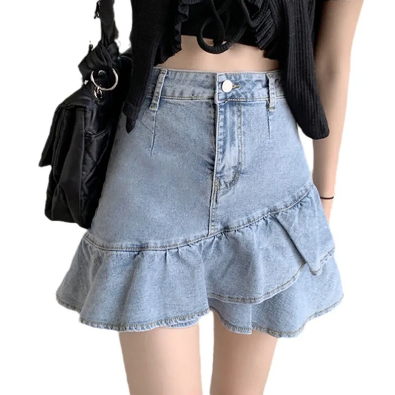 

Women Summer High Waist A-Line Mini Cake Jeans Skirt Vintage Washed Pleated Ruffles Layered Tiered Casual Slim Denim Streetwear