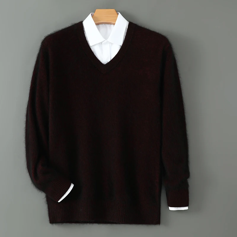 100% cashmere autumn and winter men's sweater, wool sweater, wool pullover sweater, thick bottom knitted V-neck loose warm top 3