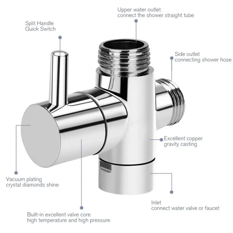 ABS 3 Way Diverter Switch Faucet 1/2 Valve Adapter Converter Chrome For Shower Head Diverter Valve Three-way Water Distribution