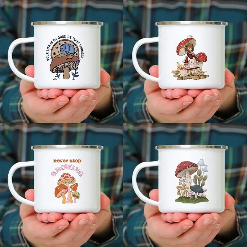 Women's Creative Mushroom Enamel Mug - Travel Tea & Coffee Cup with Handle, Perfect