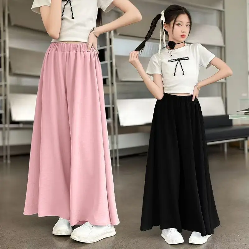 2025 GREEN summer Teenager Girls Children ice silk wide leg loose dance retro Pants 5 8 10 12 14 Years Baby Trousers Kids 1