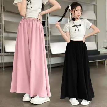 2025 GREEN summer Teenager Girls Children ice silk wide leg loose dance retro Pants 5 8 10 12 14 Years Baby Trousers Kids 1