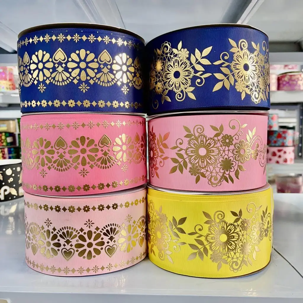 

3"75mm New pink gold Foil Gradient Rainbow Printed Grosgrain Ribbon for DIY Hair Bows Diy Crafts decorative 50yards/roll