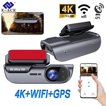 E-ACE-4K Car Dash Camera, Gravação UHD, DVR, Visão Noturna, Gravador de Vídeo, DashCam com GPS, Wi-Fi, Suporte 24H Estacionamento Monitoramento