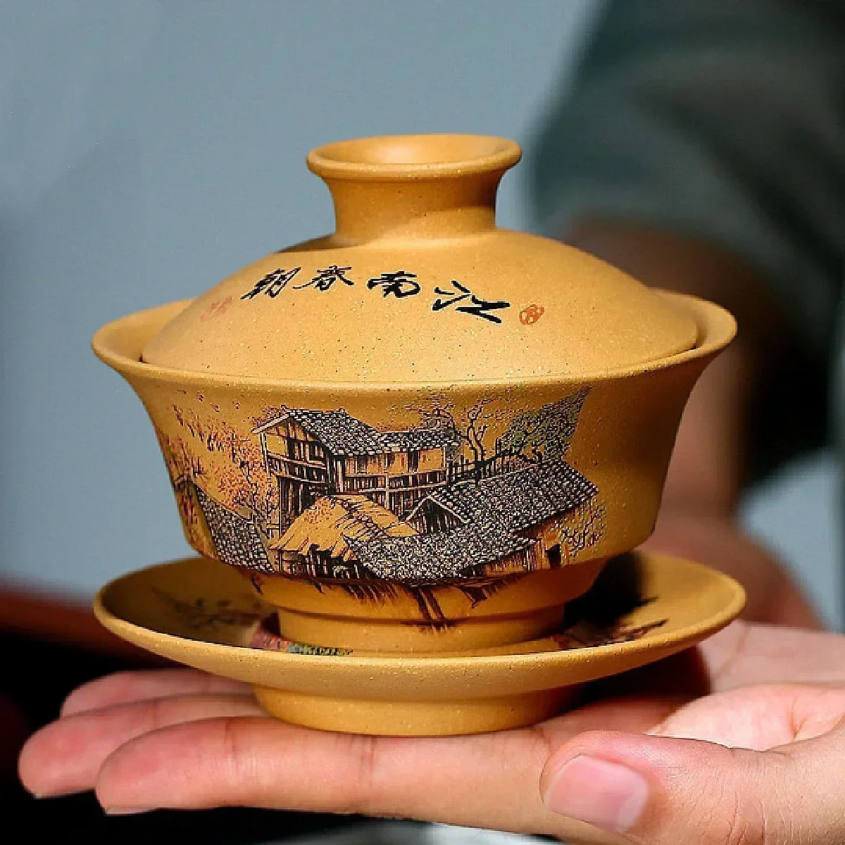 Tea set Yixing Hand-Painted Boccaro Cup Segment Mud Tea Drinking Cup Jiangnan Spring Kung Fu Tea Set Handmade Gaiwan Retro Landscape
