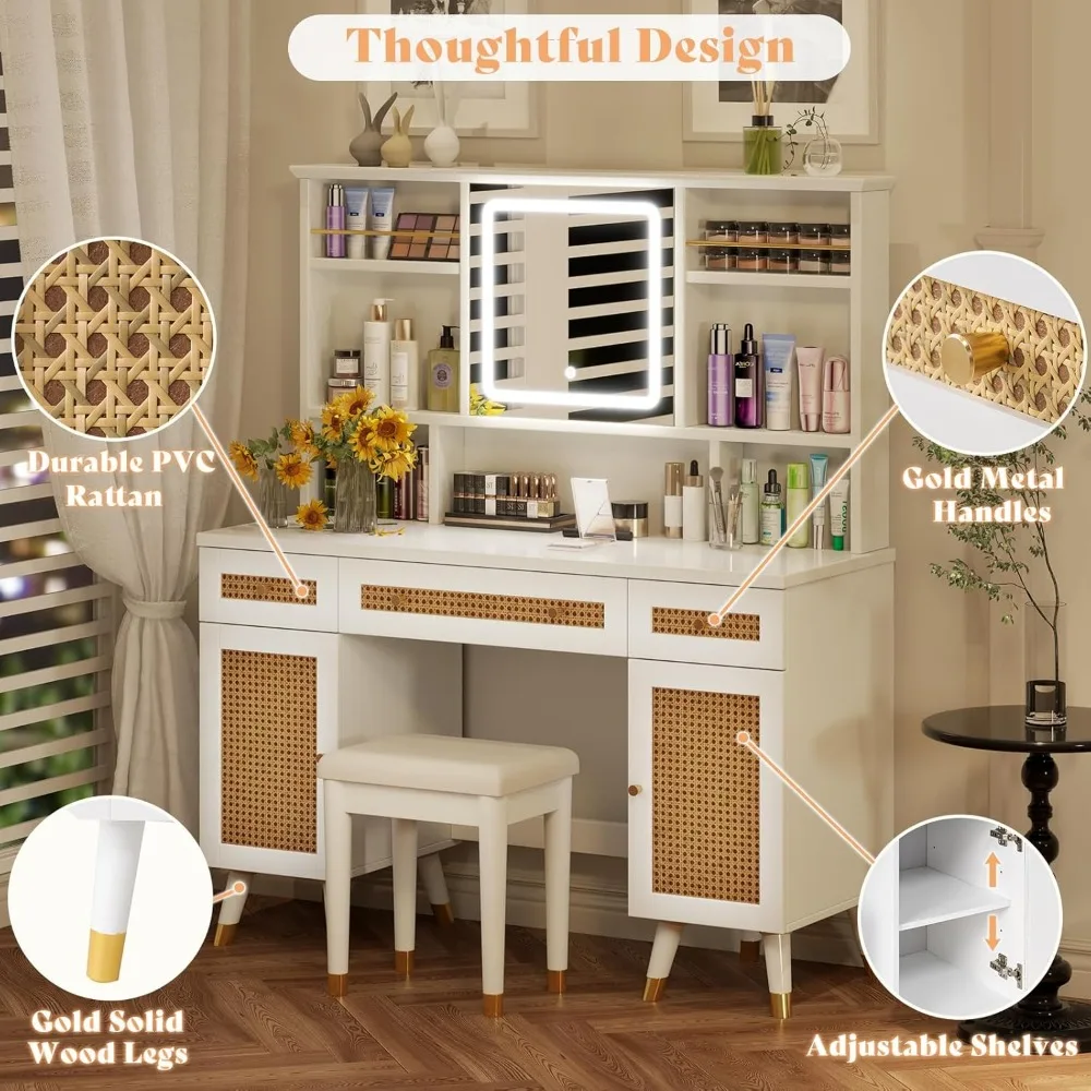 Rattan Makeup Vanity Desk with Mirror and Lights with 3 Drawers & Shelves, with 2 Rattan Door Cabinets, 47'' Modern Vanity Table 6