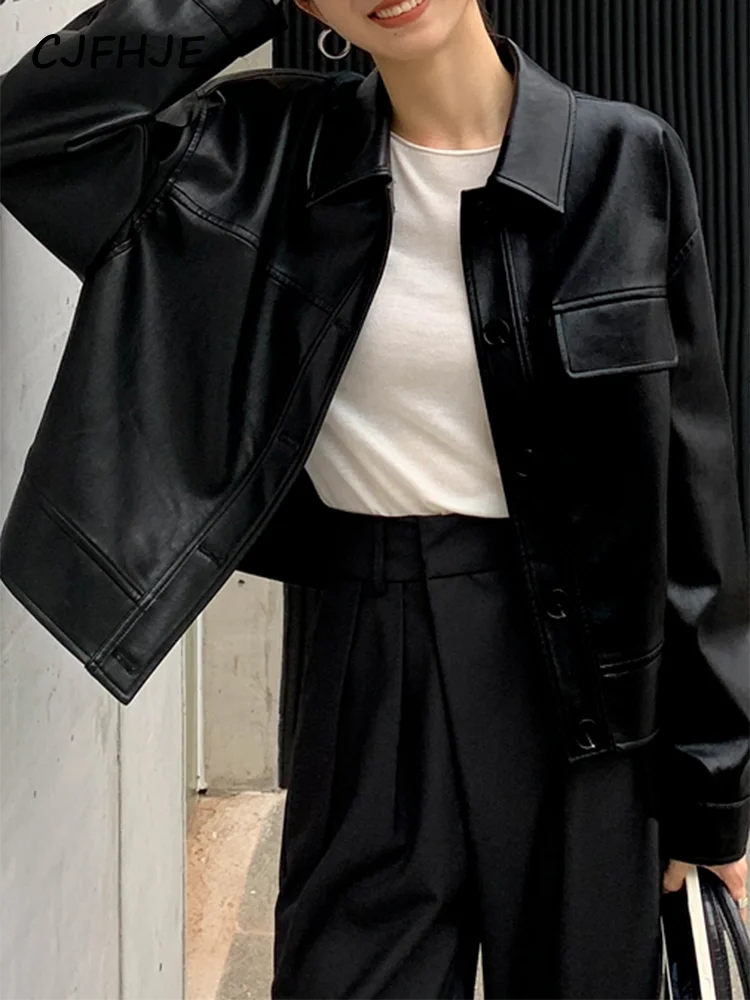 CJFHJE Black Cropped Leather Jacket Women Korean High Street Leather Blazers Women Vintage Streetwear Moto Bike Jacket Autumn