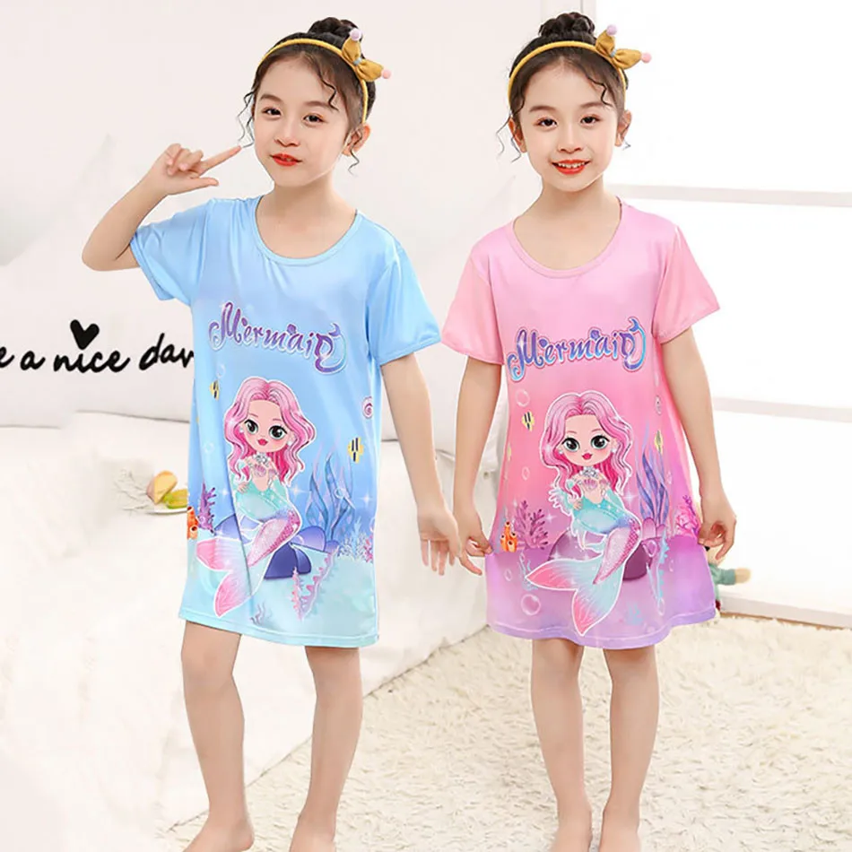 

Summer New Cool Silk Smooth Mermaid Printed Girls Short Sleeve Sleeping Dress Children Cartoon Skin Friendly Soft Ice Silk Skirt
