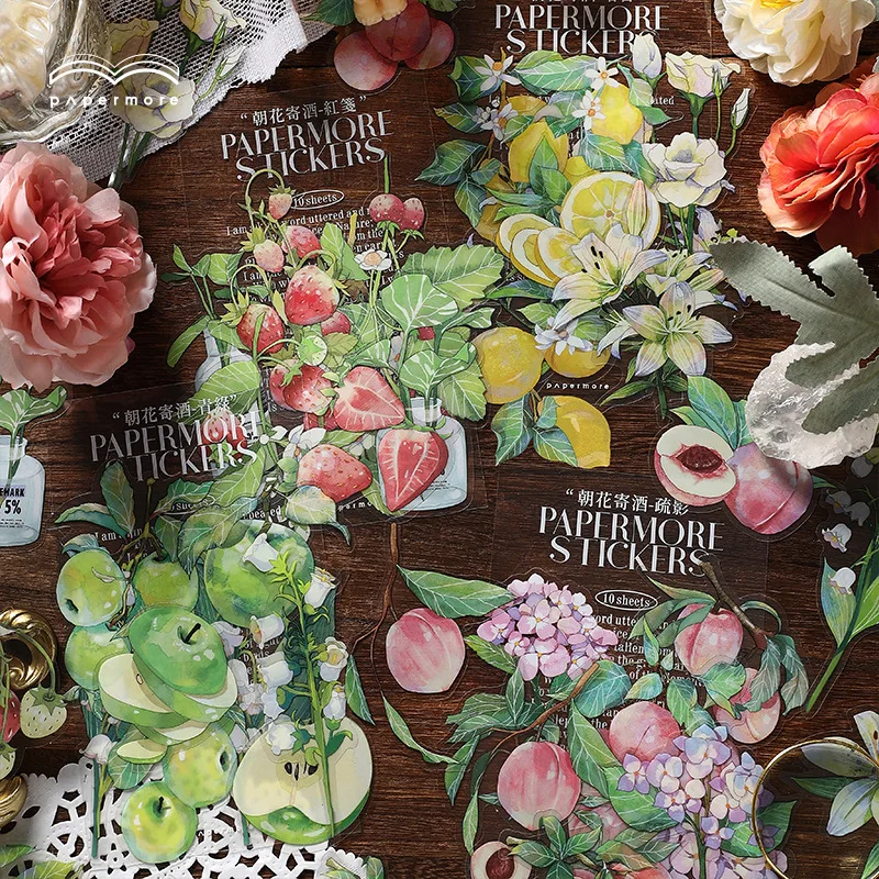 

10pcs/pack PET Sticker Bag Wine and Flowers Fresh Plants Peach Lilly Green Apple Strawberry DIY Hand Account Material Stickers