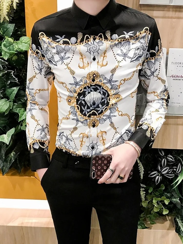 Summer Men's Fashion Long Sleeve Shirts,Lapel  Stand Collar Button Up Shirts，Mens Long Sleeve Print Shirt  Retro British Clothes