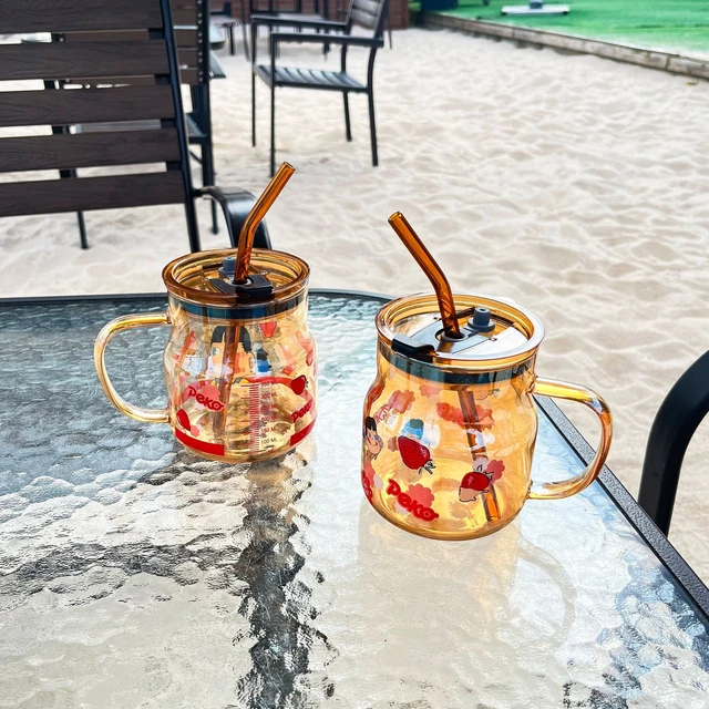 Mason Jar Glass Mug with Handle, Lid and Straw  Straw Mason Cup Summer  Portable Juice Cup Glass Drink Cup with Straw Lid