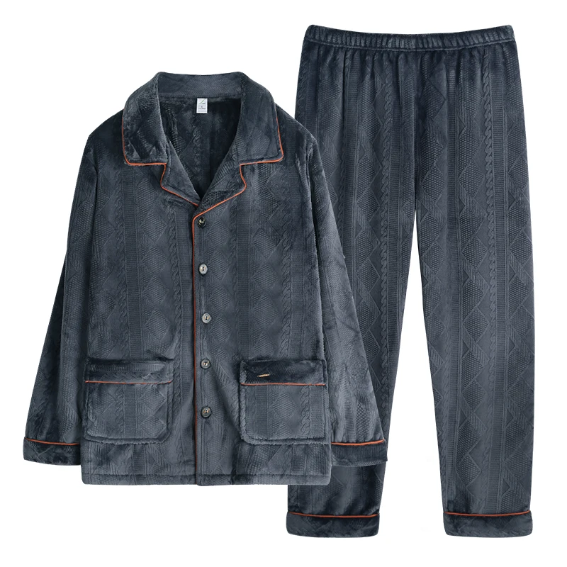 Thick Velvet Coral Fleece Pajamas Men Warm Flannel Jacquard Long-Sleeved Autumn And Winter Home Service Suit Pyjamas Male M-XXXL