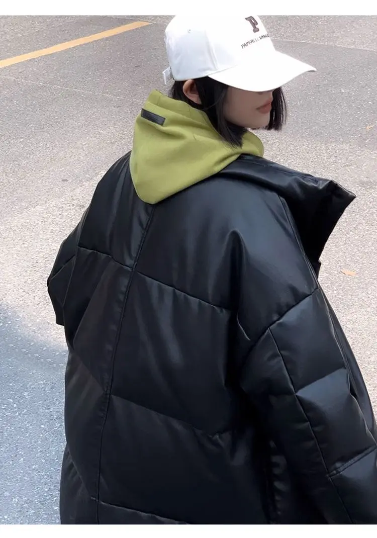 Winter Long Pu Leather Down Jacket Female Black Thick Warm Cotton Parka Outwears Women White Duck Down Knee Length Down Jackets