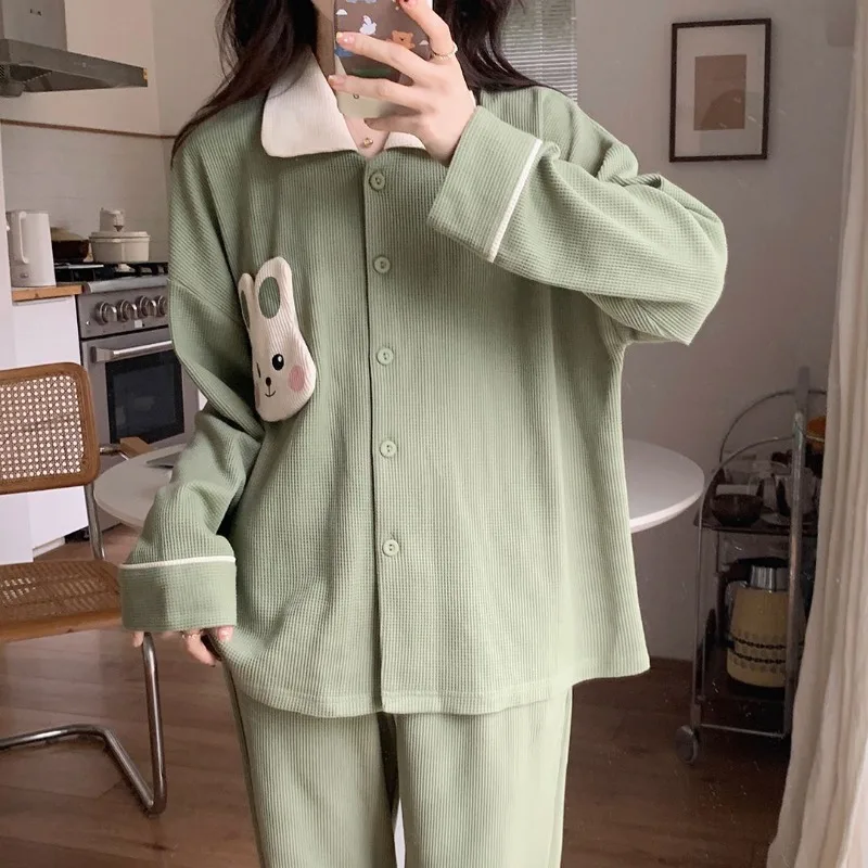 Pajamas Women's Spring Autumn Cardigan Long Sleeve Trousers Sleepwear Set Korean Loose Ladies 2024 New Sweet Loungewear Outfit 2024 new spring autumn pajamas ladies long sleeve sleepwear simple apricot nightdress korean thin home set loose casual pyjamas