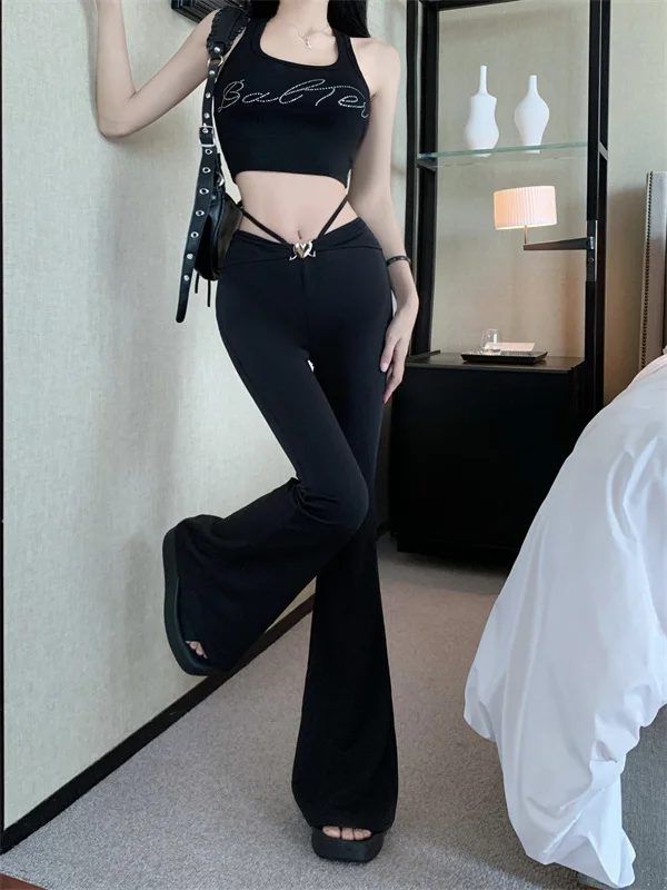 Black Low Waist Casual Pants For Female 2023 Summer Hot Girls Wide Leg Pants Slim And Droopy Design Micro Horn Pants