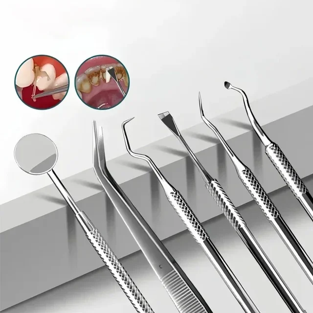 Stainless Steel Dentist Clean Tools Dental Mirror Double Probe Sickle /Hoe Tooth Cleaner Dental Tool Products Oral Care Kit 2