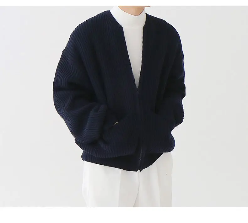 Autumn Winter Fashion Casual Men's Loose Tess Cool Boys Knitted Sweater Cardigan Coat Solid Patchwork Stripes Warm Zipper Coat