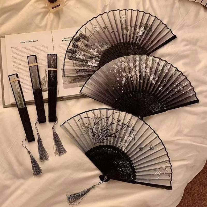 

Chinese Style Folding Small Fan Carrying Ancient Hanfu Ancient Costume Dance New Chinese Style Black Bamboo Fan For Women