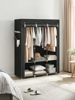 SONGMICS Guardaroba portatile: 130x45x167 cm, copertura, 3 binari sospesi, ripiani, 4 tasche laterali, grande capacità, nero, camera da letto 1