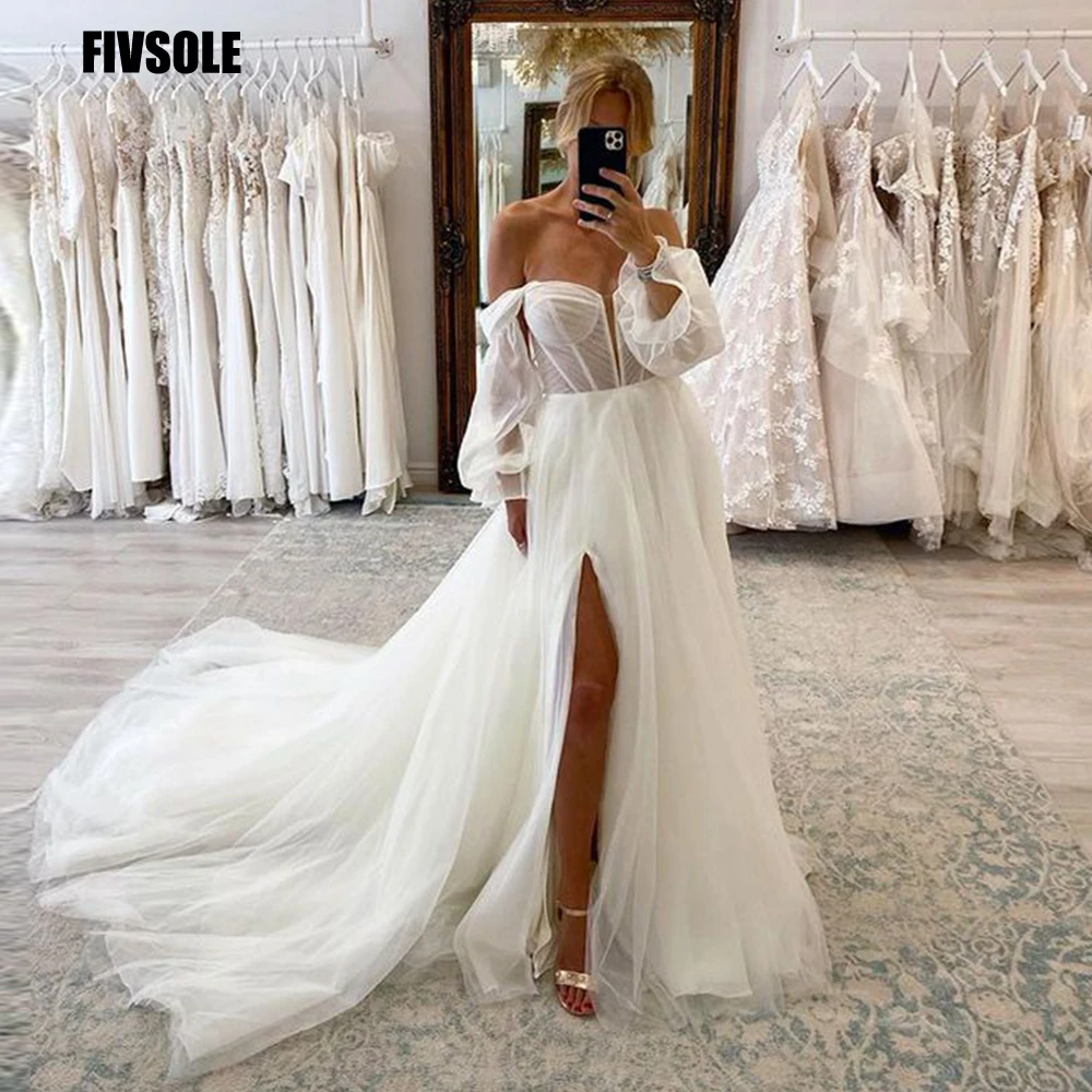 

Fivsole 2022 High Split A-Line Long Sleeves Wedding Dress Tulle Illusion Sweep Train Bridal Gown Robe De Mariée Vestido De Noiva