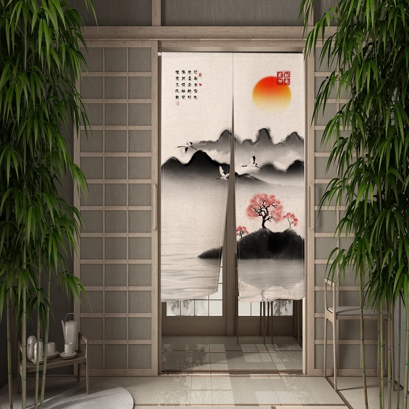 ChineseInk Landscape Painting Door Curtain Japanese Style Dining Kitchen Partition Curtain Drape Entrance Hanging Half-Curtain 4