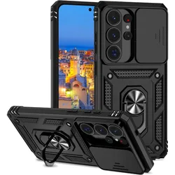 Luxury Military - Grade Ring Kickstand Case with Shockproof Slide Camera Lens Protector - Galaxy S23 Ultra (Black)
