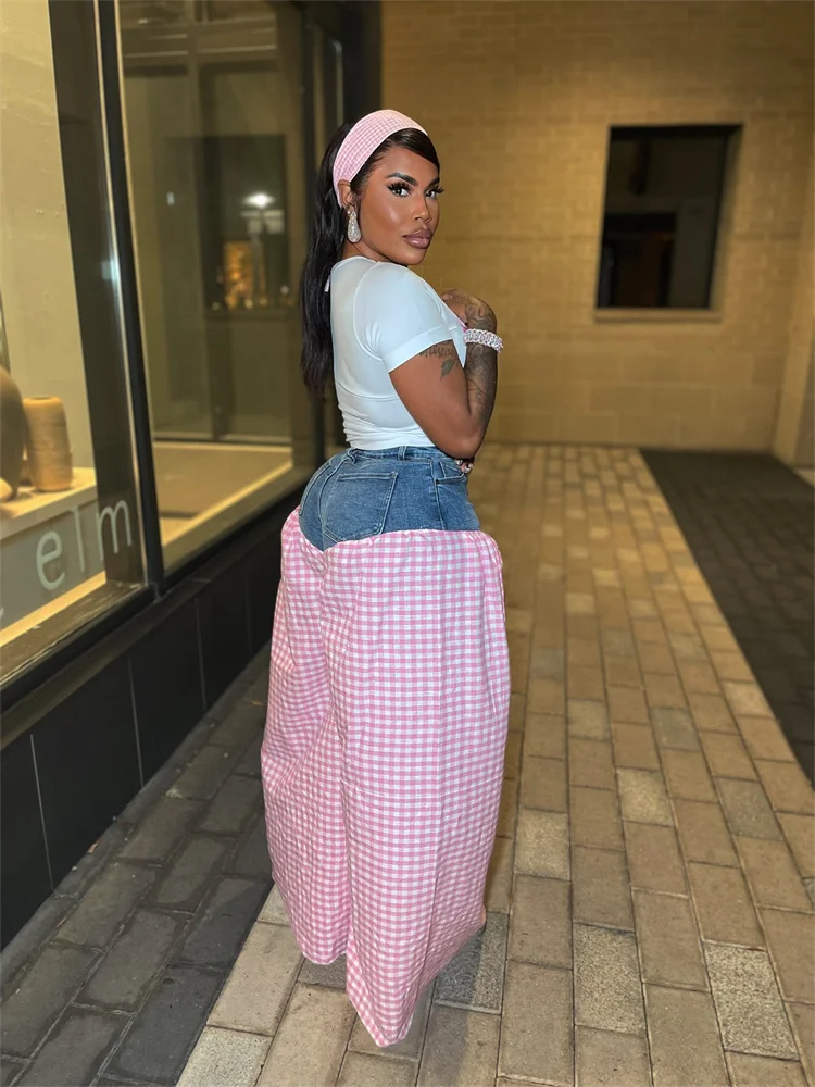 Wmstar 2 Piece Set Women Wholesale Denim Patchwork  Print Wide Leg T Shirt Plaid High Waisted Loose Wide Leg Pants Dropshopping