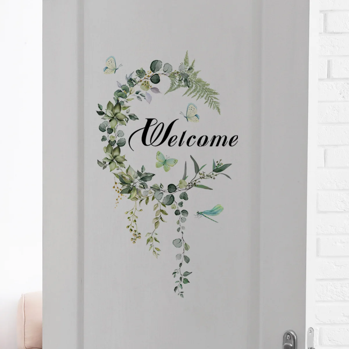 Fresh White & Green "Welcome" Wall Decal - Self-Adhesive Door & Entryway Decor for Home, Bedroom, and Hallway (1 Piece, 30x40cm)