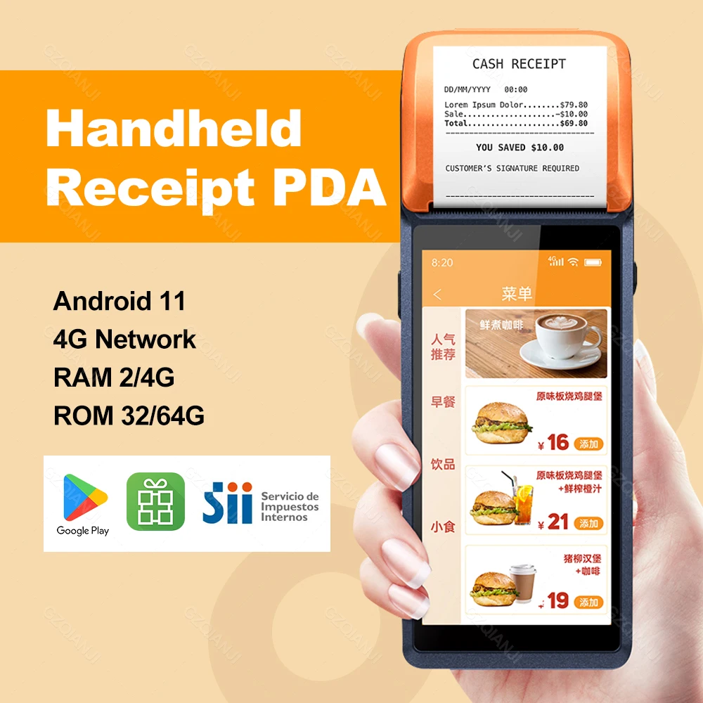Android 11 Pos Pda 4Gb + 64Gb Bluetooth Wifi Usb Pos System 58Mm Stampante Termica Per Ricevute Mobili Tutto In Uno Per Le Piccole Imprese