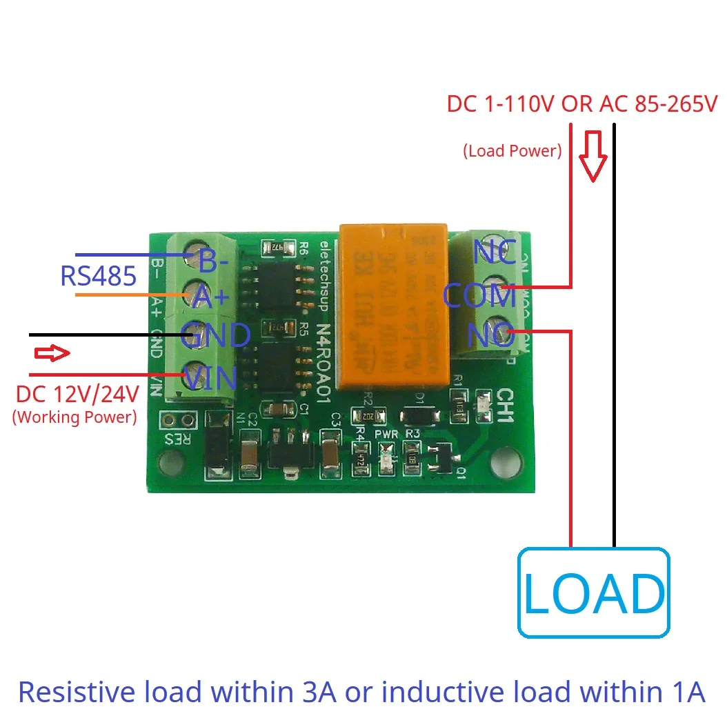 

DC 12V 24V 1CH 3A Small Relay Board RS485 UART Serial Port Switch MODBUS RTU Command 01/03/05/06/15/16 Function Code Module