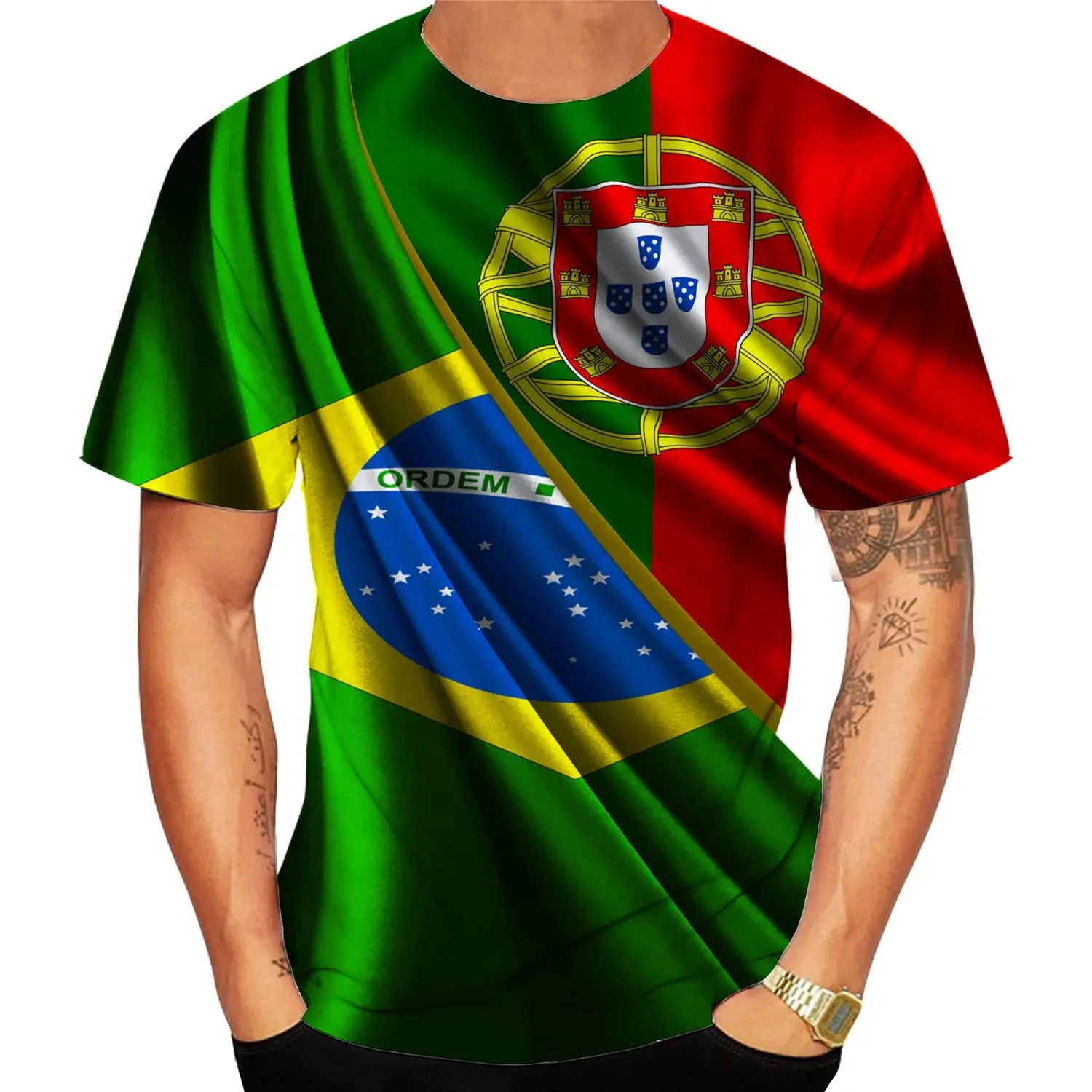 Sfec3657e8efb432483f447ab1424c7cdH Camiseta 3D Bandeira Portugal e Brasil — Unissexo, Manga Curta 2024