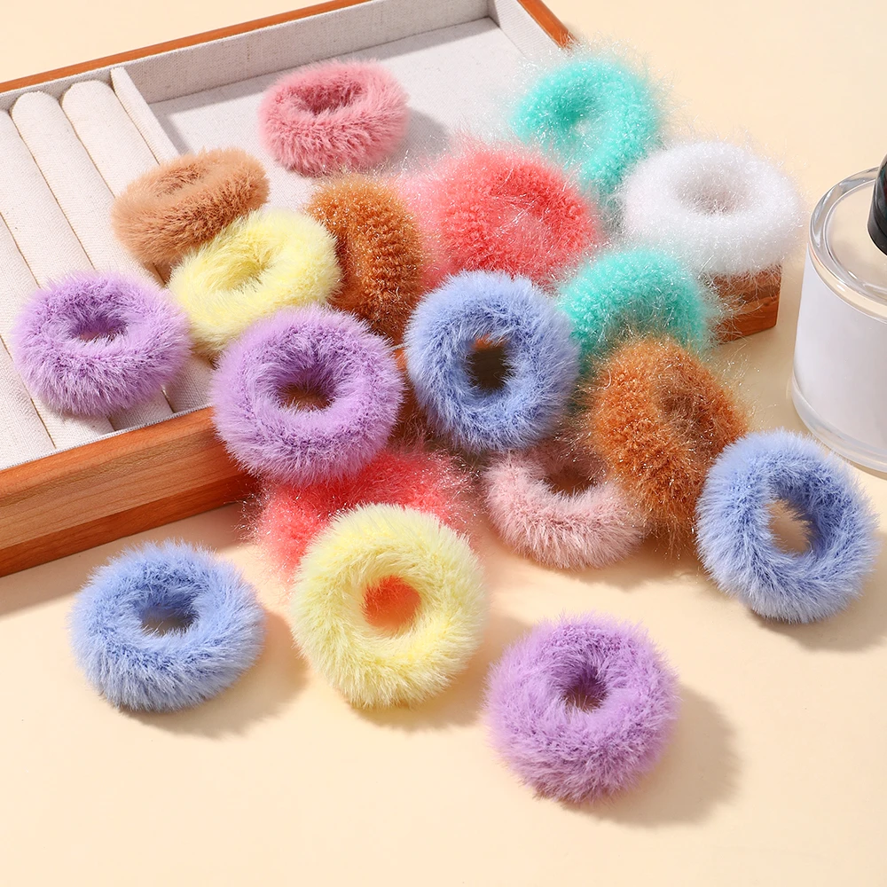 5pcs/bag Bbay Girl Mini Colorful Plush Hair Ring Fat Intestine Ring Baby Hairy Head Rope Furry Rubber Band Baby Hair Accessories cute starry sky hair ring headdress simple star head rope fabric large intestine ring hair rope new headwear hair ties