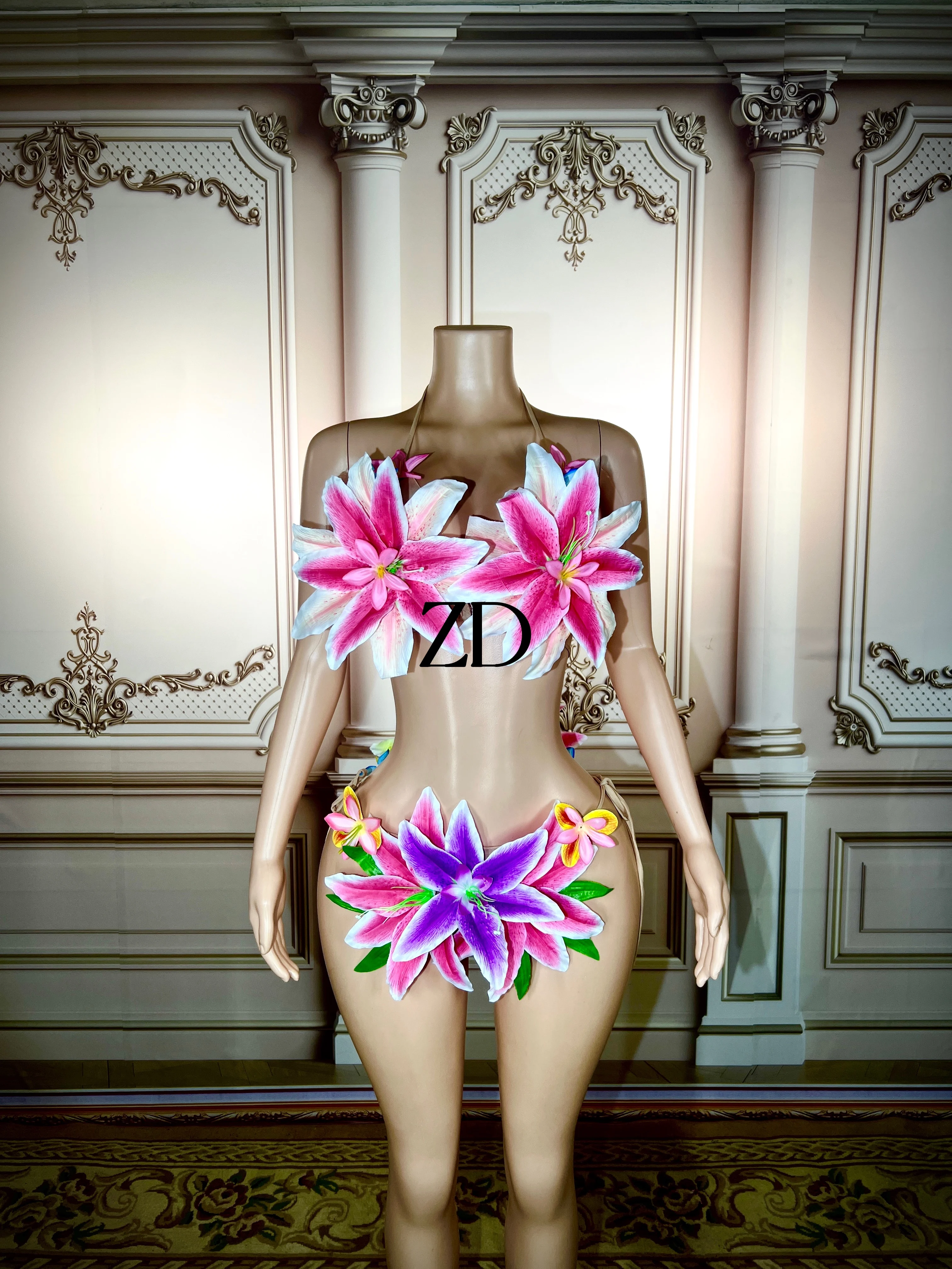 Sexy Colorful Big Flowers Transparent Bikini Dress Women Dancer Show Stretch Stage Costume Outfit Evening Prom Party Biniki Set bikini set women swimwear bikini swimsuit