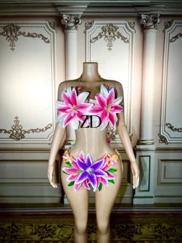 Sexy Colorful Big Flowers Transparent Bikini Dress Women Dancer Show Stretch Stage Costume Outfit Evening Prom Party Biniki Set 1