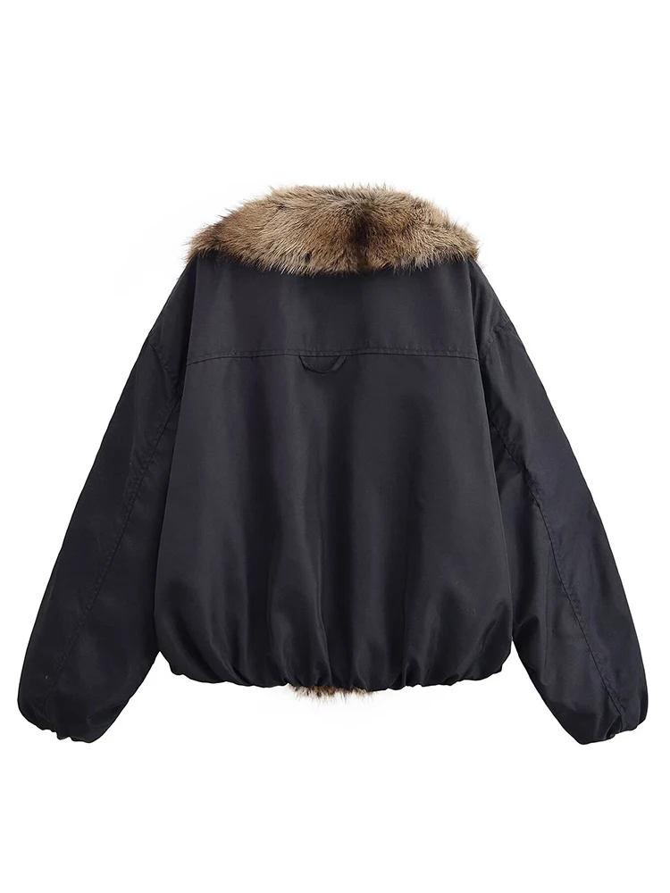 Women Faux Fur Collar Jacket 2025 Autumn Winter Women's Coat Long Sleeve Loose Female Streetwear Casual New Outerwear