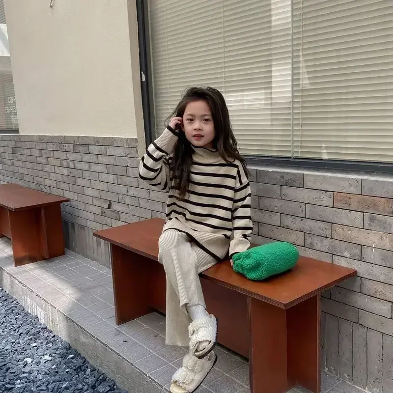 Kids Clothing Set Girls Clothing Set Girls Casual Simple Suit New High-necked Hoodie Autumn and Winter Children's Wear Korean Version Striped Wide Leg Pants