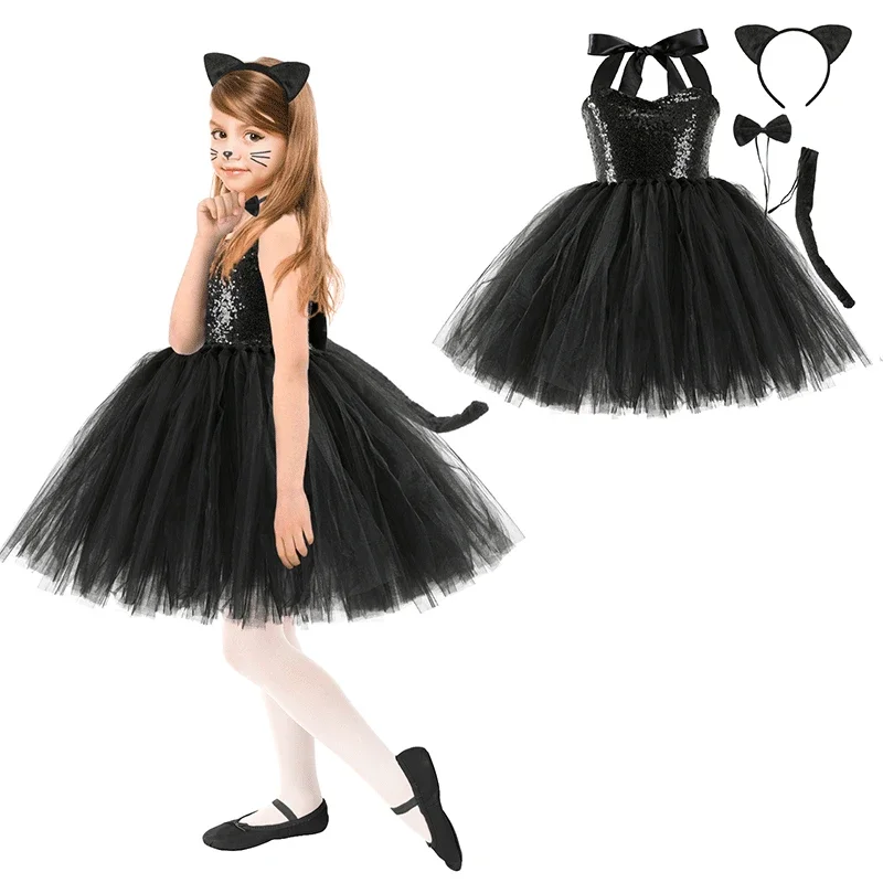 

Black Cat Girls Tutu Dress Outfit Zoo Animal Kid Cosplay Costumes Toddler Baby Girl Performance Birthday Jungle Party Dresses