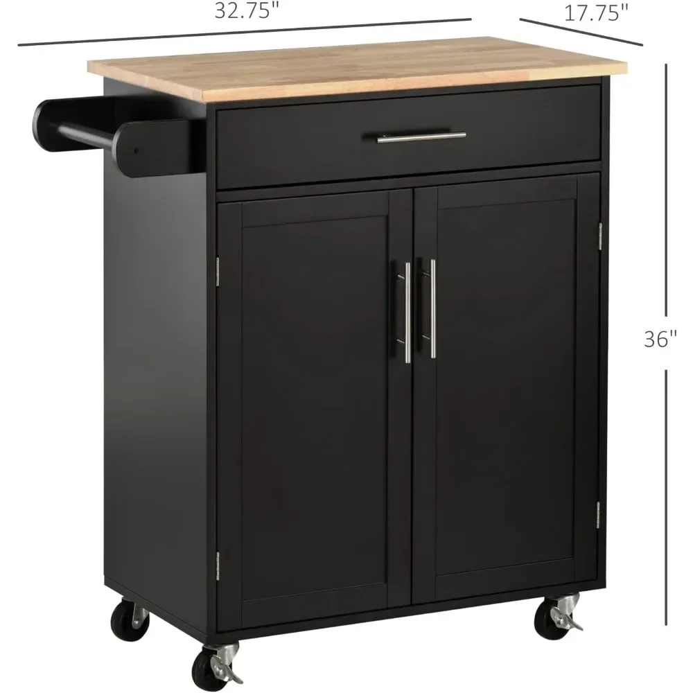Kitchen Island Cart Rolling Trolley Cart with Drawer, Storage Cabinet & Towel Rack, Black Kitchen